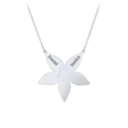 Engravable 5 Petal Flower Birthstone Necklace in 925 Sterling Silver with Aquamarine