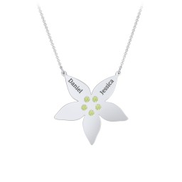 Engravable 5 Petal Flower Birthstone Necklace in 925 Sterling Silver with Peridot