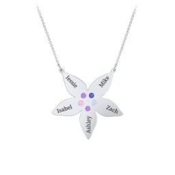 Engravable 5 Petal Flower Birthstone Necklace in 925 Sterling Silver with Amethyst, Blue Sapphire, Pink Tourmaline, and Blue Topaz