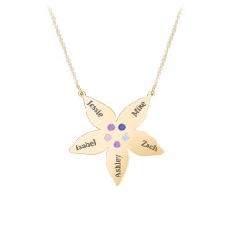Engravable 5 Petal Flower Birthstone Necklace in 10K Solid Yellow Gold with Amethyst, Blue Sapphire, Pink Tourmaline, and Blue Topaz