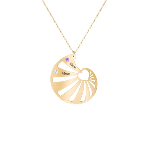 Engravable Spiral Heart Shell Birthstone Necklace – 10K Yellow Gold with Amethyst and Aquamarine