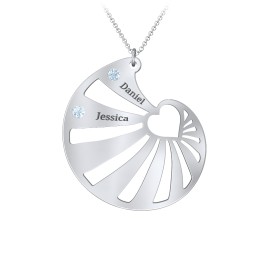 Engravable Spiral Heart Shell Birthstone Necklace in 925 Sterling Silver with Blue Topaz, Diamond, and Pink Tourmaline