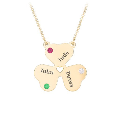 Engravable 3 Leaf Clover Birthstone Necklace – 10K Yellow Gold with Emerald, Ruby, and Cubic Zirconia