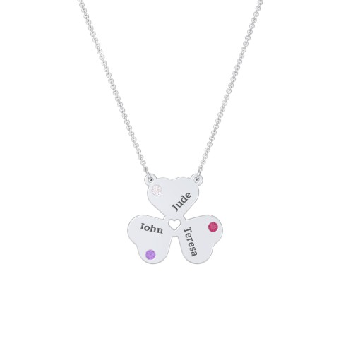 Engravable 3 Leaf Clover Birthstone Necklace – Sterling Silver with Amethyst, Cubic Zirconia, and Ruby