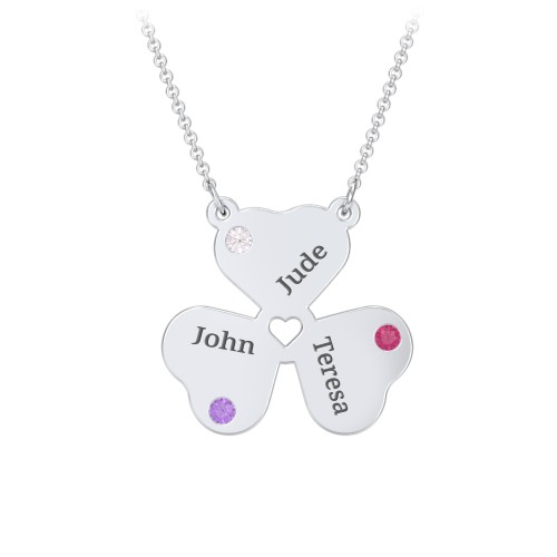 Engravable 3 Leaf Clover Birthstone Necklace – Sterling Silver with Amethyst, Cubic Zirconia, and Ruby