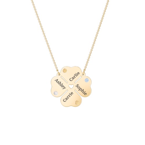 Engravable 4 Leaf Clover Birthstone Necklace – 10K Yellow Gold with Opal, Citrine, and Blue Topaz