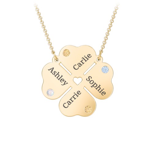 Engravable 4 Leaf Clover Birthstone Necklace – 10K Yellow Gold with Opal, Citrine, and Blue Topaz