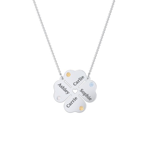 Engravable 4 Leaf Clover Birthstone Necklace – Sterling Silver with Opal, Citrine, and Blue Topaz