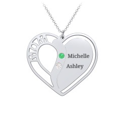 "Mom" Heart Necklace with Row of Birthstones – Sterling Silver with Ruby