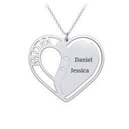 "Mom" Heart Necklace with Row of Birthstones in 925 Sterling Silver with Aquamarine, Citrine, and Red Premium Zirconia