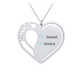 "Mom" Heart Necklace with Row of Birthstones in 925 Sterling Silver with Blue Topaz, Citrine, and Red Premium Zirconia