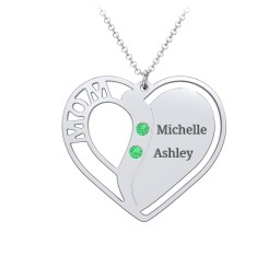 "Mom" Heart Necklace with Row of Birthstones in 925 Sterling Silver with Emerald, Citrine, and Red Premium Zirconia