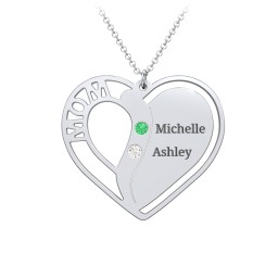 "Mom" Heart Necklace with Row of Birthstones in 925 Sterling Silver with Mint Premium Zirconia, White Premium Zirconia, Citrine, and Red Premium Zirconia