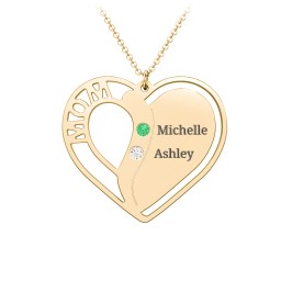 "Mom" Heart Necklace with Row of Birthstones in 10K Solid Yellow Gold with Mint Premium Zirconia, White Premium Zirconia, Citrine, and Red Premium Zirconia