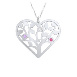 Heart Family Tree Mother's Necklace with 3-6 Birthstones in 925 Sterling Silver with Amethyst, Cubic Zirconia, Ruby, Blue Sapphire, Pink Tourmaline, and Blue Topaz