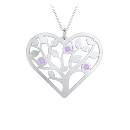 Heart Family Tree Mother's Necklace with 3-6 Birthstones in 925 Sterling Silver with Amethyst, Blue Sapphire, Pink Tourmaline, and Blue Topaz