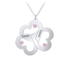 Engravable Three Heart Birthstone Necklace in 925 Sterling Silver with Pink Tourmaline