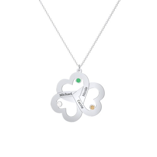 Engravable Three Heart Birthstone Necklace – Sterling Silver with Emerald, Citrine, and Cubic Zirconia