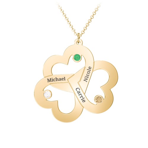 Engravable Three Heart Birthstone Necklace – 10K Yellow Gold with Emerald, Citrine, and Cubic Zirconia