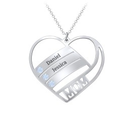 Engravable "Mom" Heart 2-5 Birthstone Necklace in 925 Sterling Silver with Blue Topaz and Pink Tourmaline