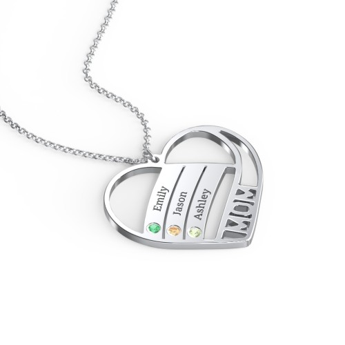 Engravable "Mom" Heart 2-5 Birthstone Necklace – Sterling Silver with Emerald, Citrine, and Peridot