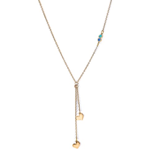 Lariat with Heart Charms and Gemstones – 10K Yellow Gold with Mint Premium Zirconia and Blue Sapphire