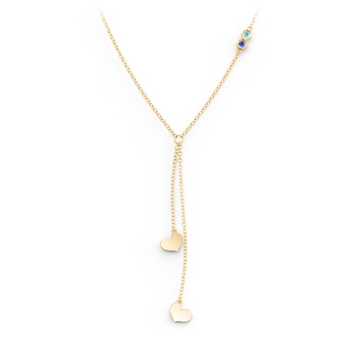 Lariat with Heart Charms and Gemstones – 10K Yellow Gold with Mint Premium Zirconia and Blue Sapphire