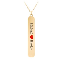 Engravable Long Tag Necklace with Cold Enamel Heart in 10K Solid Yellow Gold