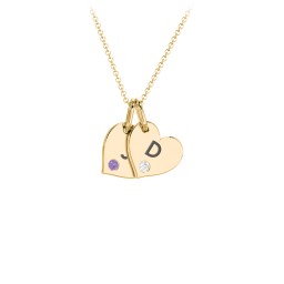 Engravable 2 Sideways Hearts Necklace with Birthstone in 18K Gold Plated Silver with Amethyst and Cubic Zirconia