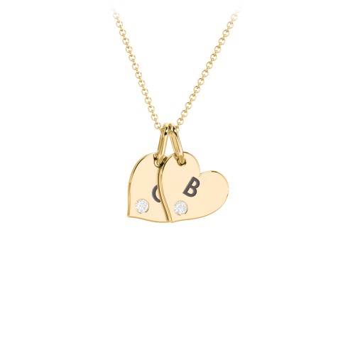 Engravable 2 Sideways Hearts Necklace with Birthstone – 18K Gold Plated Silver with Diamond