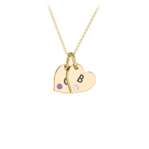 Engravable 2 Sideways Hearts Necklace with Birthstone – 18K Gold Plated Silver with Amethyst and Cubic Zirconia
