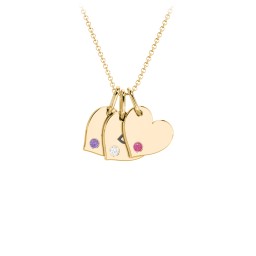 Engravable 3 Sideways Hearts Necklace with Birthstone in 18K Gold Plated Silver with Amethyst, Cubic Zirconia, and Ruby