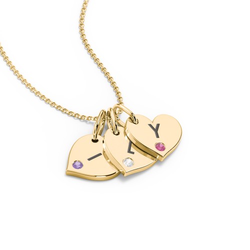 Engravable 3 Sideways Hearts Necklace with Birthstone – 18K Gold Plated Silver with Amethyst, Cubic Zirconia, and Ruby
