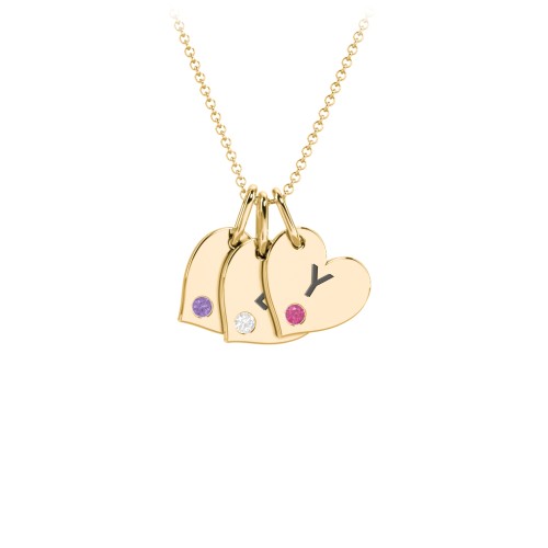 Engravable 3 Sideways Hearts Necklace with Birthstone – 18K Gold Plated Silver with Amethyst, Cubic Zirconia, and Ruby