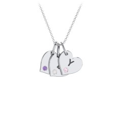 Engravable 3 Sideways Hearts Necklace with Birthstone – Sterling Silver with Amethyst, Opal, and Pink Tourmaline