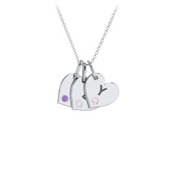 Engravable 3 Sideways Hearts Necklace with Birthstone in 925 Sterling Silver with Amethyst, Opal, and Pink Tourmaline