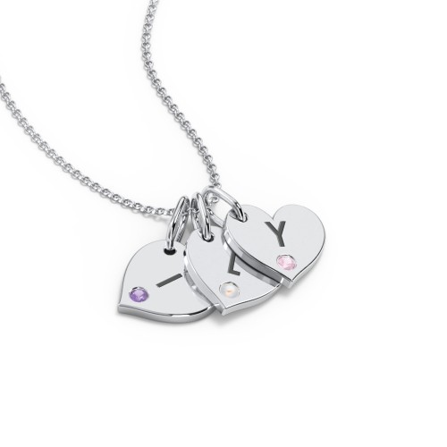 Engravable 3 Sideways Hearts Necklace with Birthstone – Sterling Silver with Amethyst, Opal, and Pink Tourmaline