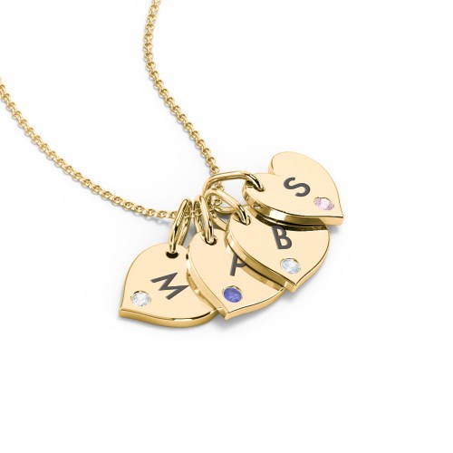 Engravable 4 Sideways Hearts Necklace with Birthstone – 18K Gold Plated Silver with Cubic Zirconia, Blue Sapphire, Aquamarine, and Pink Tourmaline