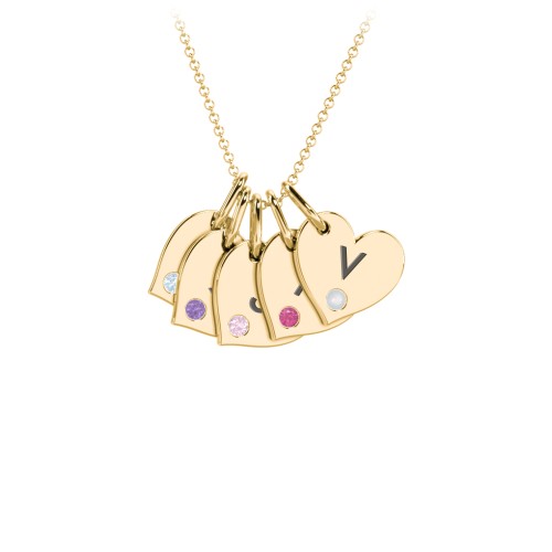 Engravable 5 Sideways Hearts Necklace with Birthstone – 18K Gold Plated Silver with Blue Topaz, Amethyst, Pink Tourmaline, Ruby, and Opal