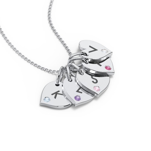 Engravable 5 Sideways Hearts Necklace with Birthstone – Sterling Silver with Blue Topaz, Amethyst, Pink Tourmaline, Ruby, and Opal