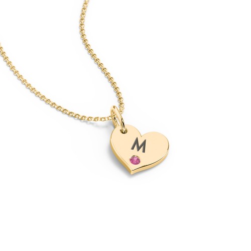 Engravable Sideways Heart Necklace with Birthstone – 18K Gold Plated Silver with Ruby