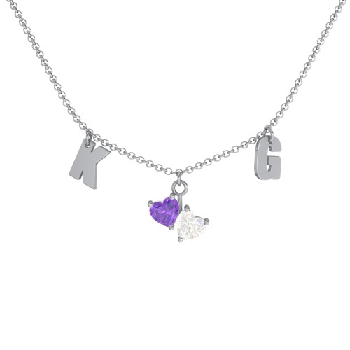Initials Necklace with Double Heart Gemstones – Sterling Silver with Amethyst and Cubic Zirconia
