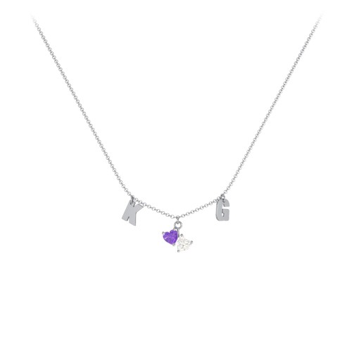 Initials Necklace with Double Heart Gemstones – Sterling Silver with Amethyst and Cubic Zirconia