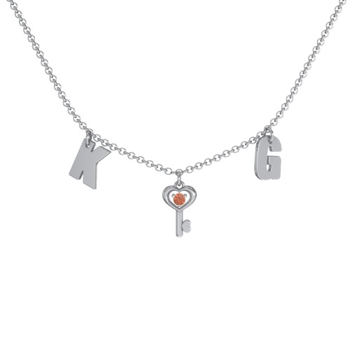 Initials Necklace with Gemstone Key Charm – Sterling Silver with Garnet