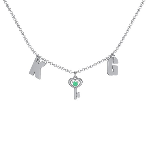 Initials Necklace with Gemstone Key Charm – Sterling Silver with Emerald