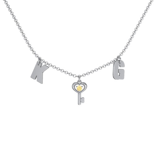 Initials Necklace with Gemstone Key Charm – Sterling Silver with Citrine