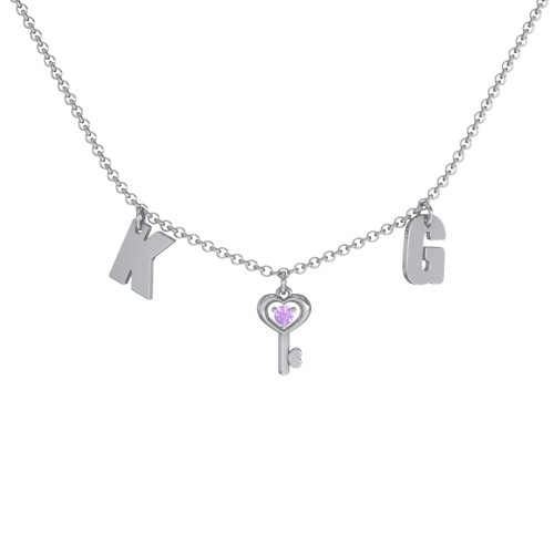 Initials Necklace with Gemstone Key Charm – Sterling Silver with Amethyst