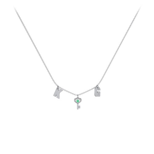Initials Necklace with Gemstone Key Charm – Sterling Silver with Emerald