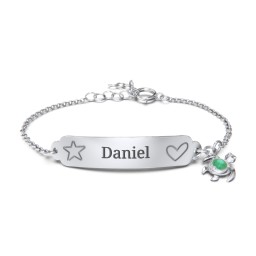 Engraved Heart and Star Baby Bracelet with Birthstone Turtle Charm in 925 Sterling Silver with Emerald