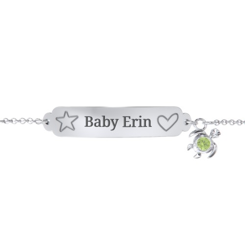 Engraved Heart and Star Baby Bracelet with Birthstone Turtle Charm – Sterling Silver with Peridot